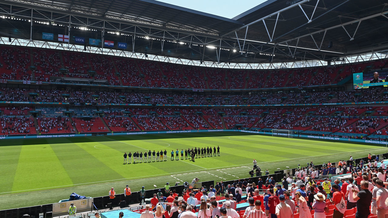 LONDON, ENGLAND - JUNE 13: A general view inside the stadium as both teams stand for the national anthems prior to the UEFA Euro 2020 Championship Group D match between England and Croatia at Wembley Stadium on June 13, 2021 in London, England.
