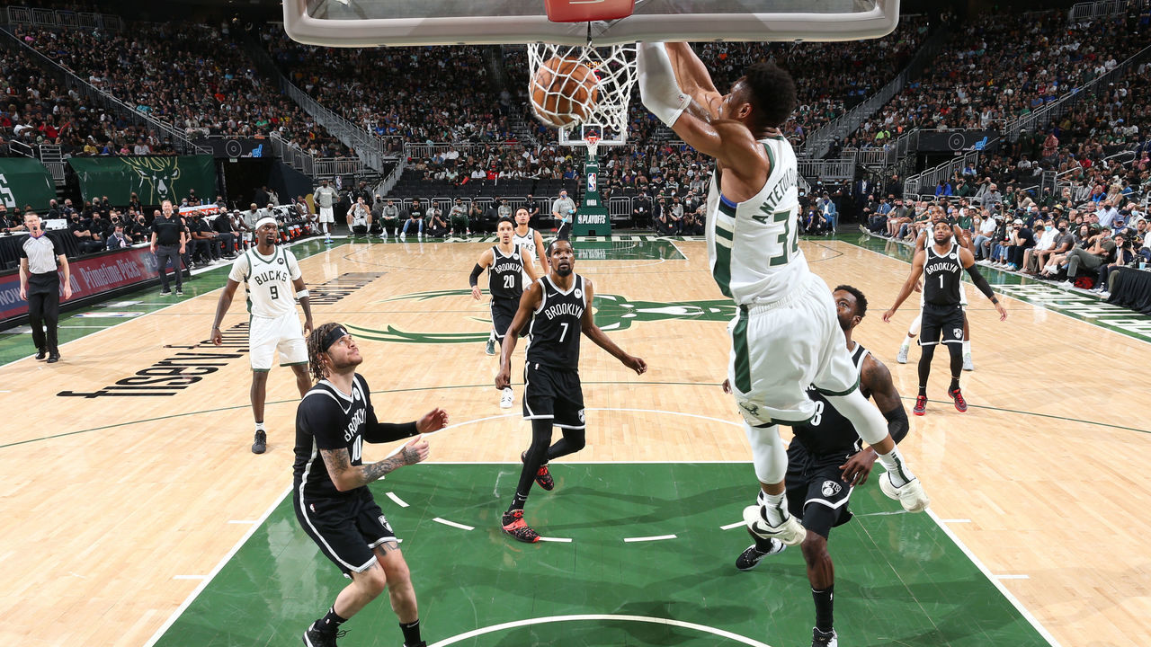 MILWAUKEE, WI - JUNE 13: Giannis Antetokounmpo #34 of the Milwaukee Bucks dunks the ball against the Brooklyn Nets during Round 2, Game 4 of the 2021 NBA Playoffs on June 13 2021 at the Fiserv Forum Center in Milwaukee, Wisconsin. Mandatory Copyright Notice: Copyright 2021 NBAE .