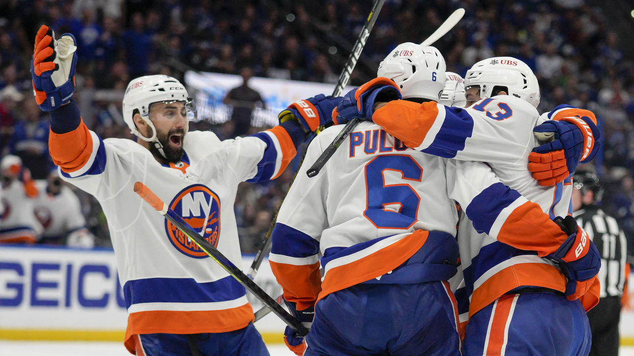 TAMPA, FL - JUNE 13: New York Islanders defenseman Ryan Pulock (6) scores a goal giving New York Islanders a 2-0 lead during game 1 of NHL Stanley Cup 3rd round Hockey match between the Tampa Bay Lightning and New York Islanders on June 13, 2021 at Amalie Arena in Tampa, FL.