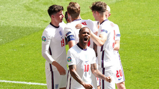 England's Raheem Sterling (centre) celebrates scoring their side's first goal of the game with team-mates during the UEFA Euro 2020 Group D match at Wembley Stadium, London. Picture date: Sunday June 13, 2021.