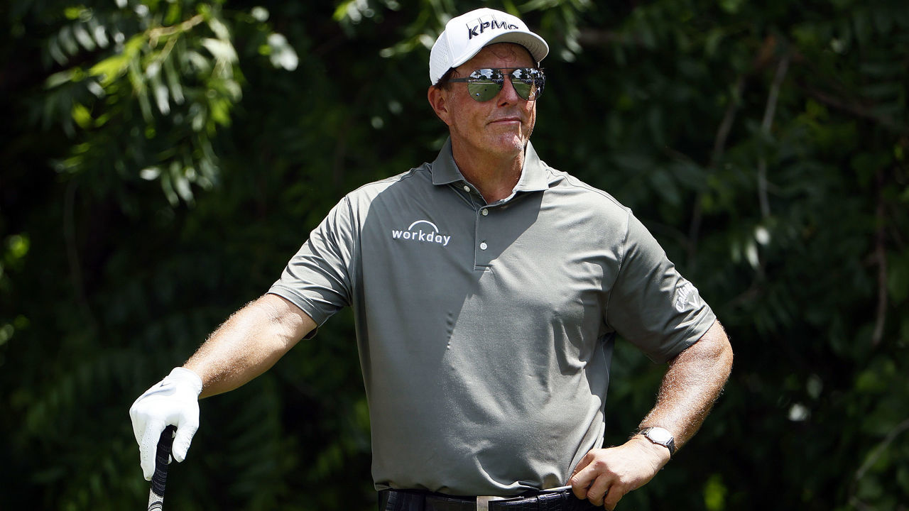 FORT WORTH, TEXAS - MAY 27: Phil Mickelson stands on the 6th hole tee box during the first round of the Charles Schwab Challenge at Colonial Country Club on May 27, 2021 in Fort Worth, Texas.