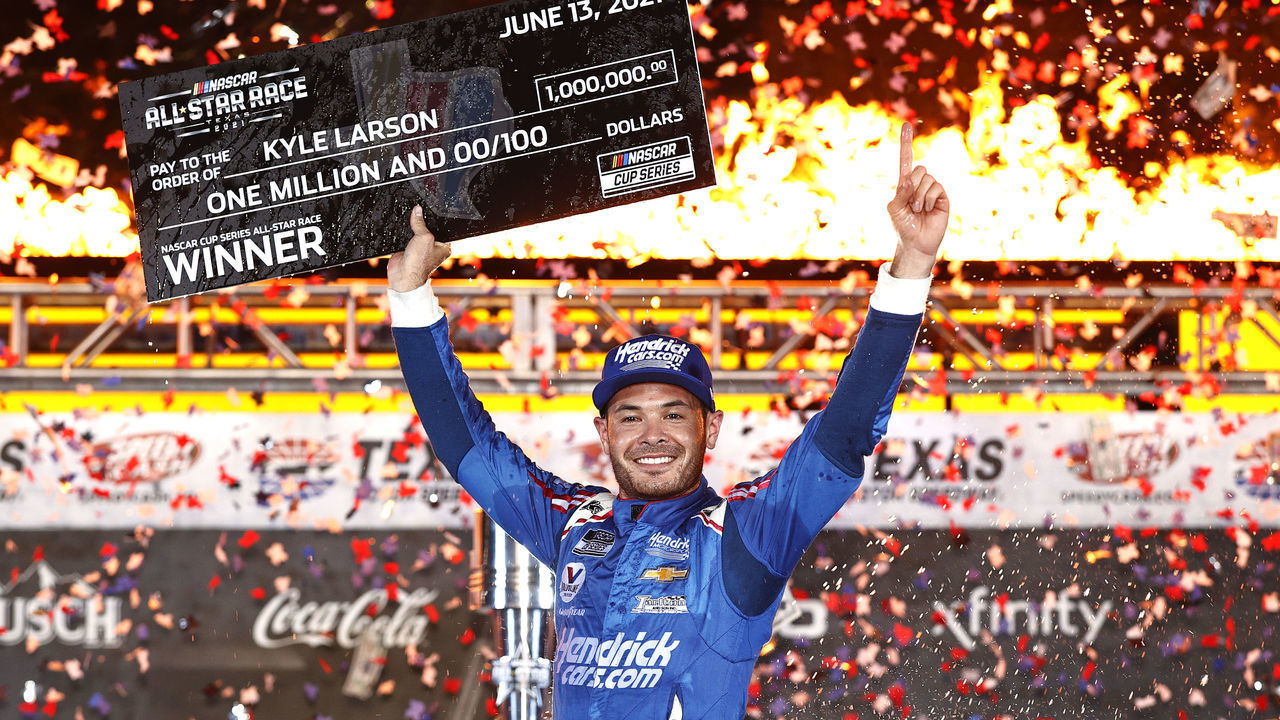 FORT WORTH, TEXAS - JUNE 13: Kyle Larson, driver of the #5 HendrickCars.com Chevrolet, celebrates in victory lane after winning the NASCAR All-Star Race at Texas Motor Speedway on June 13, 2021 in Fort Worth, Texas.