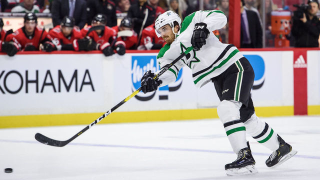 OTTAWA, ON - FEBRUARY 16: Dallas Stars Defenceman Stephen Johns (28) shoots the puck at goal during the first period of the NHL game between the Ottawa Senators and the Dallas Stars on February 16, 2020 at the Canadian Tire Centre in Ottawa, Ontario, Canada.