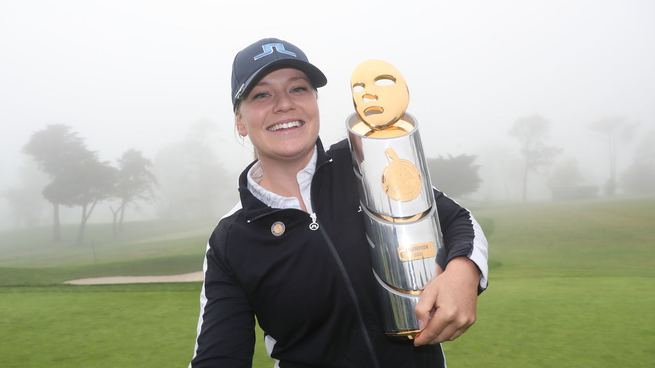 DALY CITY, CA - JUNE 13: Matilda Castren of Finland celebrates with the trophy after winning the final round of the LPGA Mediheal Championship at Lake Merced Golf Club on June 13, 2021 in Daly City, California.