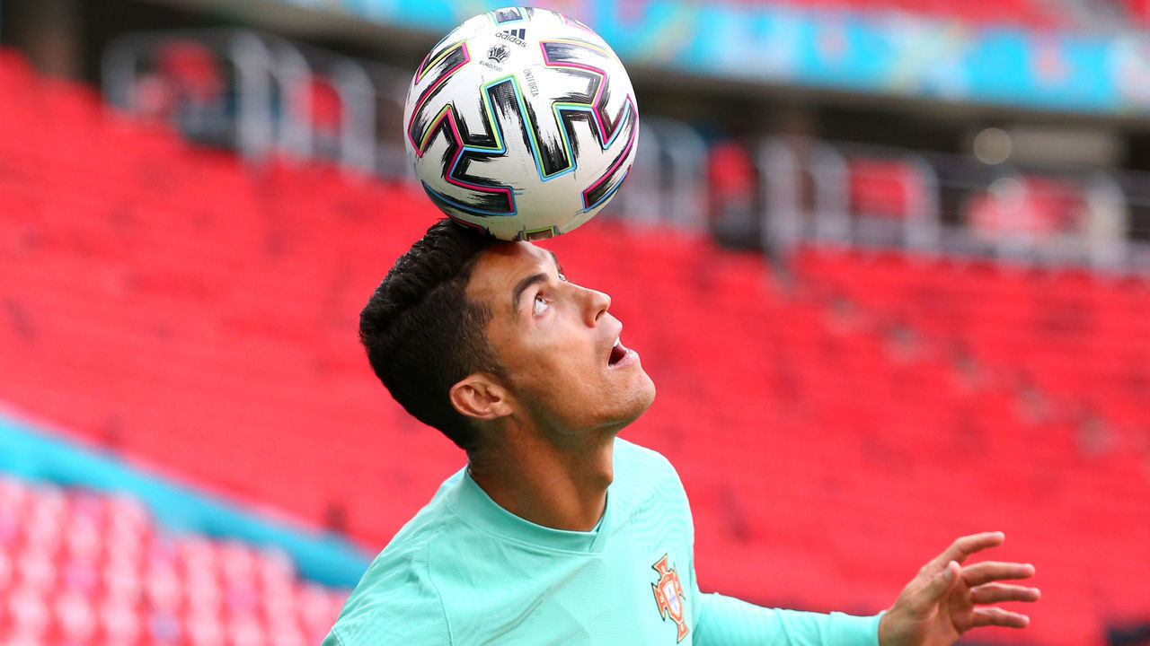BUDAPEST, HUNGARY - JUNE 14: Cristiano Ronaldo of Portugal controls the ball during the Portugal Training Session ahead of the Euro 2020 Group F match between Hungary and Portugal at Puskas Arena on June 14, 2021 in Budapest, Hungary.