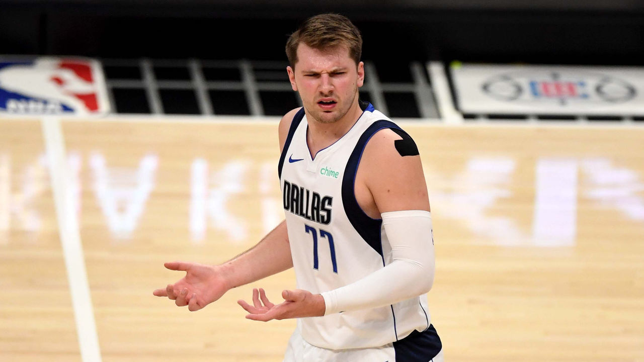 Los Angeles, CA - June 02: Luka Doncic #77 of the Dallas Mavericks reacts after a foul call in the first half of game five of the Western Conference First Round NBA Playoff basketball game against the LA Clippers at the Staples Center in Los Angeles on Wednesday, June 2, 2021.