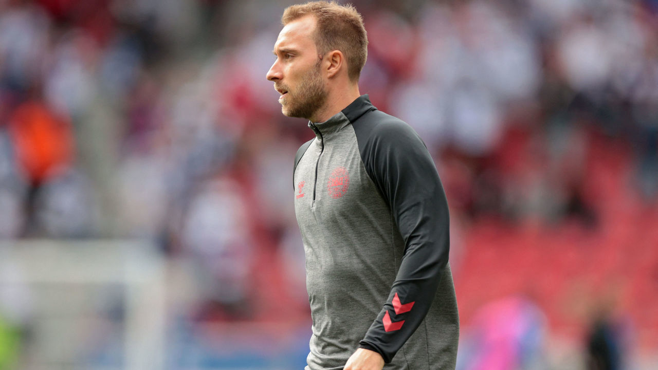 Denmark's midfielder Christian Eriksen warms up before the UEFA EURO 2020 group B football match between Denmark and Finland at Parken Stadium in Copenhagen on Sat, Jun 12, 2021.
