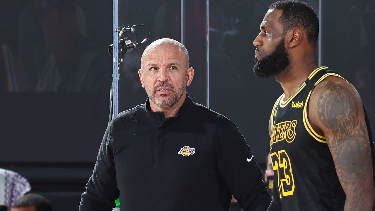 ORLANDO, FL - OCTOBER 2: Assistant coach Jason Kidd and LeBron James #23 of the Los Angeles Lakers looks on during Game Two of the NBA Finals on October 2, 2020 at AdventHealth Arena in Orlando, Florida. NOTE TO USER: User expressly acknowledges and agrees that, by downloading and/or using this Photograph, user is consenting to the terms and conditions of the Getty Images License Agreement. Mandatory Copyright Notice: Copyright 2020 NBAE