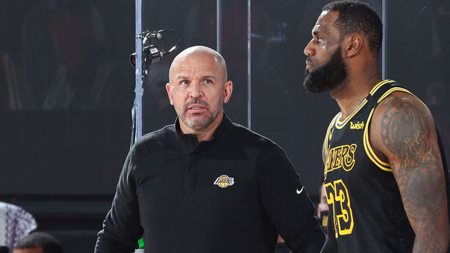 ORLANDO, FL - OCTOBER 2: Assistant coach Jason Kidd and LeBron James #23 of the Los Angeles Lakers looks on during Game Two of the NBA Finals on October 2, 2020 at AdventHealth Arena in Orlando, Florida. NOTE TO USER: User expressly acknowledges and agrees that, by downloading and/or using this Photograph, user is consenting to the terms and conditions of the Getty Images License Agreement. Mandatory Copyright Notice: Copyright 2020 NBAE