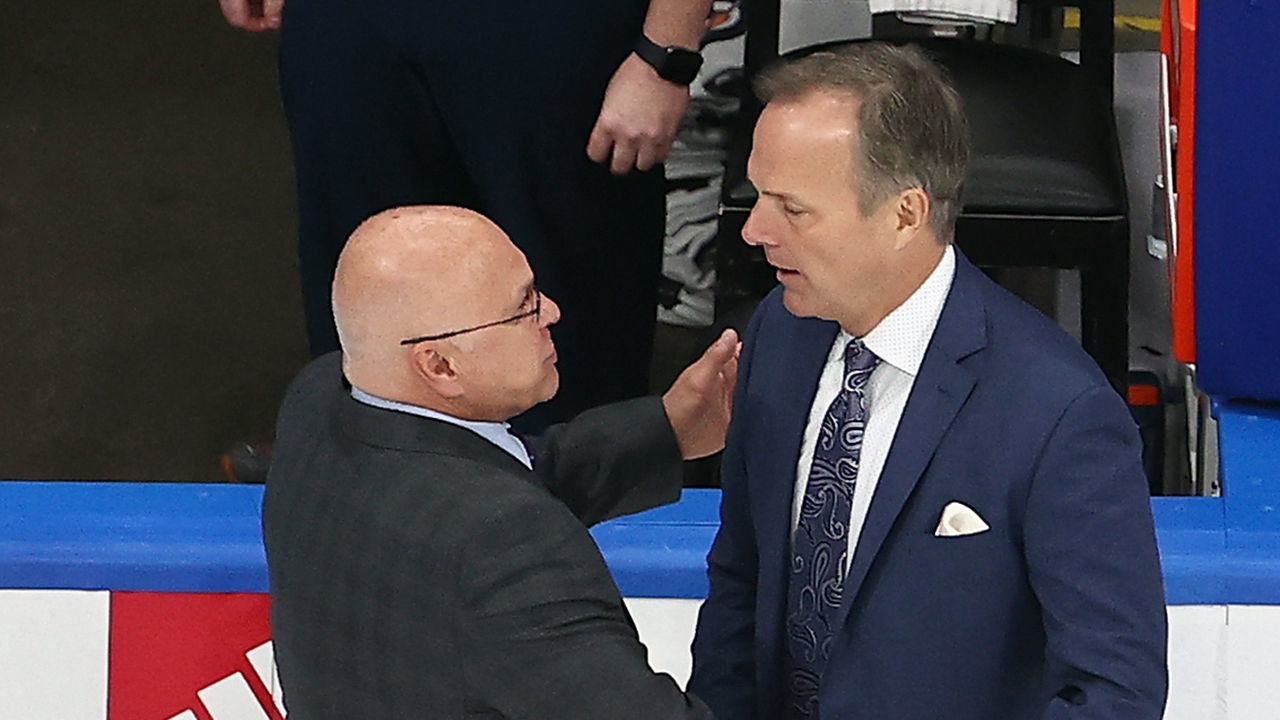 EDMONTON, ALBERTA - SEPTEMBER 17: Head coach Barry Trotz of the New York Islanders and head coach Jon Cooper of the Tampa Bay Lightning shake hands after the Lightning's 2-1 overtime victory in Game Six of the Eastern Conference Final during the 2020 NHL Stanley Cup Playoffs at Rogers Place on September 17, 2020 in Edmonton, Alberta, Canada.
