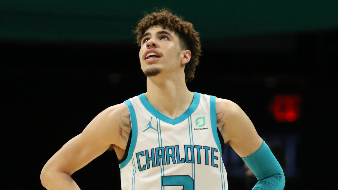 CHARLOTTE, NC - MAY 2: LaMelo Ball #2 of the Charlotte Hornets smiles during the game against the Miami Heat on May 2, 2021 at Spectrum Center in Charlotte, North Carolina. Mandatory Copyright Notice: Copyright 2021 NBAE