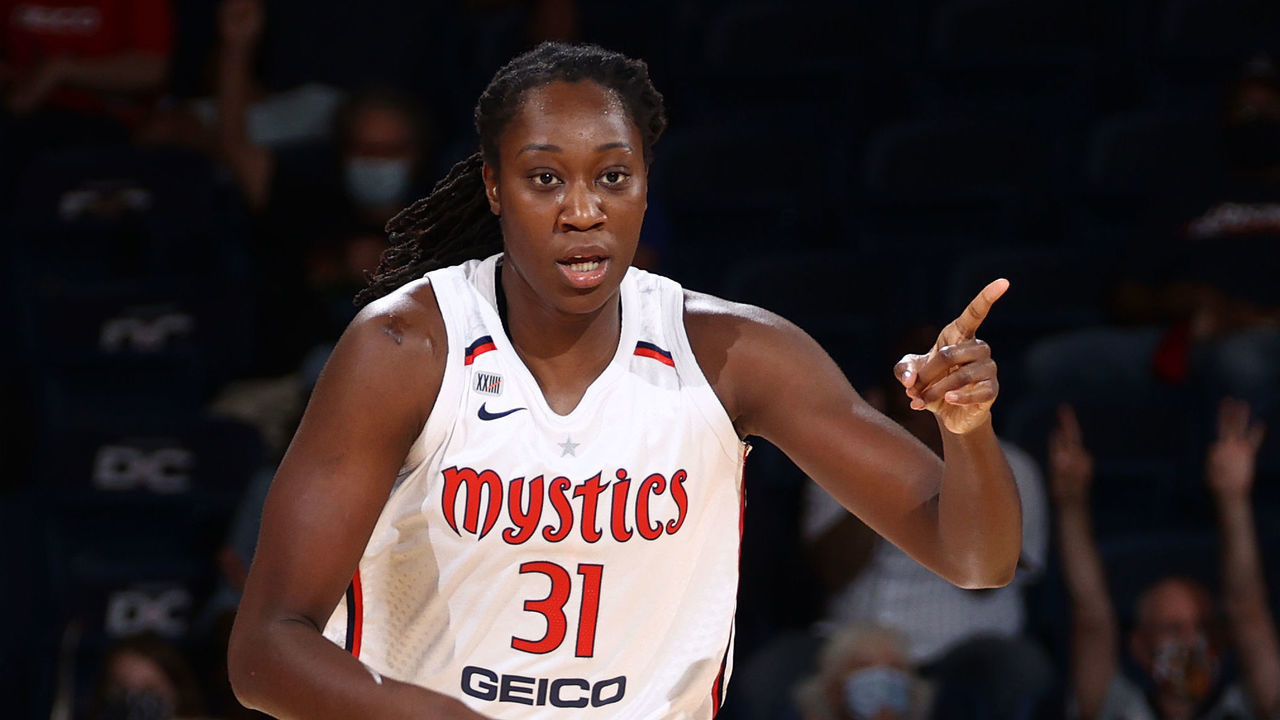 WASHINGTON, DC - JUNE 8: Tina Charles #31 of the Washington Mystics reacts to a play during the game against the Minnesota Lynx on June 8, 2021 at Entertainment & Sports Arena in Washington, DC. Mandatory Copyright Notice: Copyright 2021 NBAE