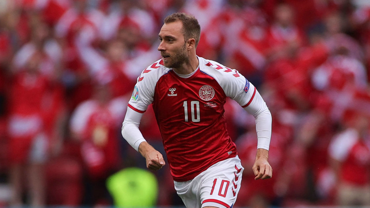 Denmark's midfielder Christian Eriksen runs during the UEFA EURO 2020 Group B football match between Denmark and Finland at the Parken Stadium in Copenhagen on June 12, 2021.