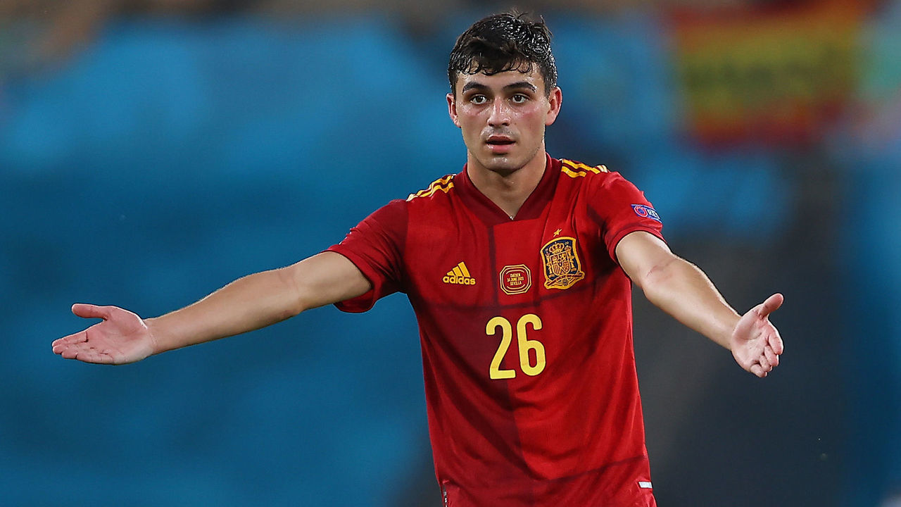 SEVILLE, SPAIN - JUNE 14: Pedri of Spain reacts during the UEFA Euro 2020 Championship Group E match between Spain and Sweden at the La Cartuja Stadium on June 14, 2021 in Seville, Spain.