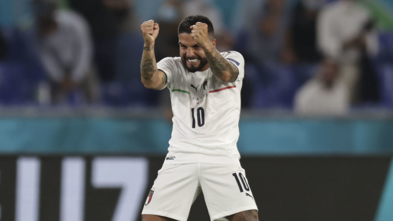 ROME, ITALY - JUNE 11: Lorenzo Insigne (10) of Italy celebrates after scoring a goal during UEFA EURO 2020 Group A match between Turkey and Italy at Stadio Olimpico in Rome, Italy on June 11, 2021.