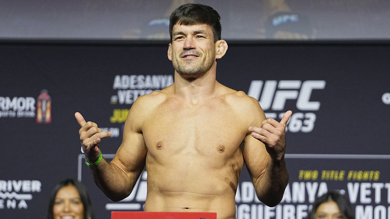 GLENDALE, ARIZONA - JUNE 11: Demian Maia of Brazil poses on the scale during the UFC 263 ceremonial weigh-in at Gila River Arena on June 11, 2021 in Glendale, Arizona.