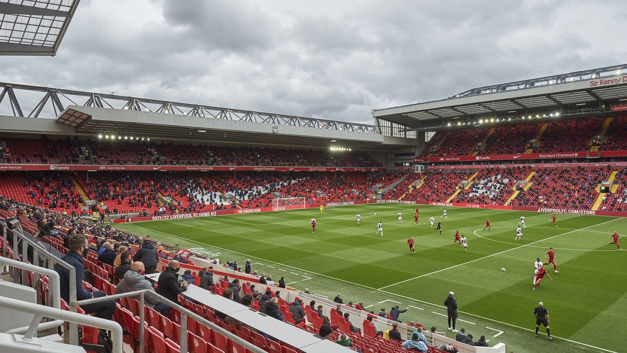 LIVERPOOL, ENGLAND - MAY 23: (THE SUN OUT, THE SUN ON SUNDAY OUT) General view of Anfield with fans allowed back to watch the game during the Premier League match between Liverpool and Crystal Palace at Anfield on May 23, 2021 in Liverpool, United Kingdom.