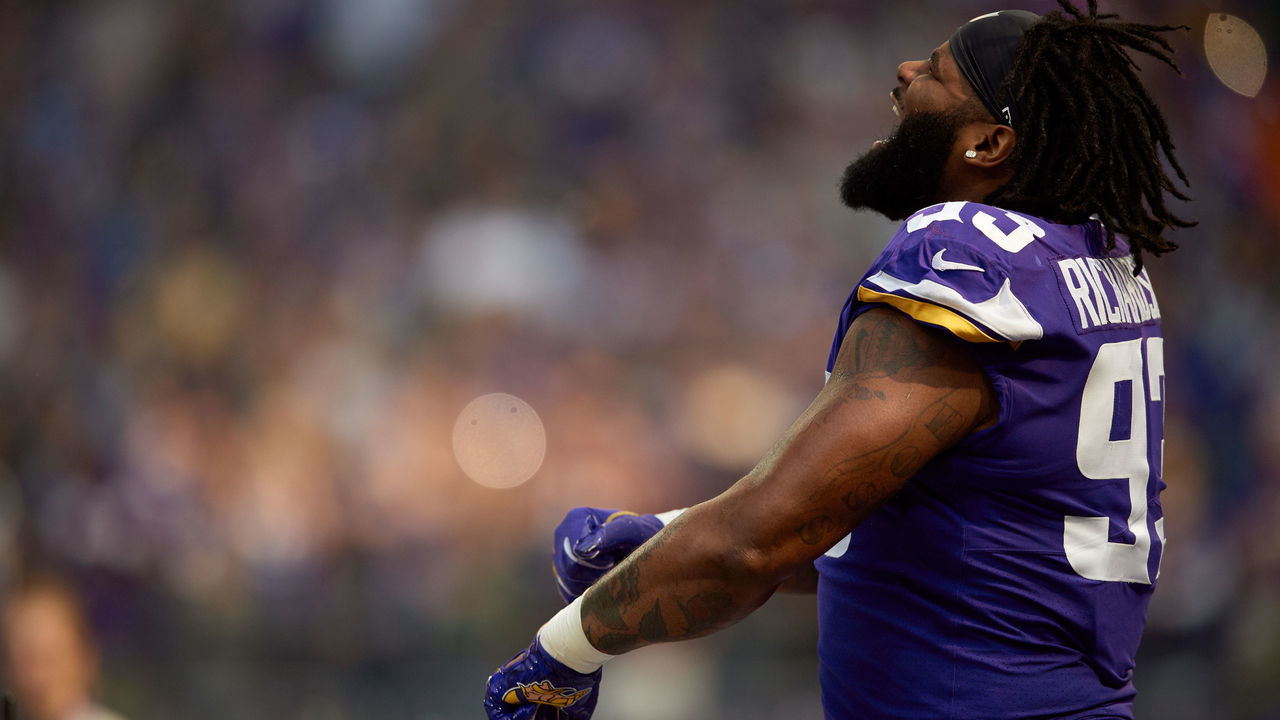 MINNEAPOLIS, MN - SEPTEMBER 23: Sheldon Richardson #93 of the Minnesota Vikings runs onto the field during player introductions before the game against the Buffalo Bills at U.S. Bank Stadium on September 23, 2018 in Minneapolis, Minnesota.