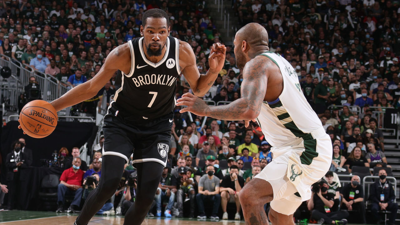 MILWAUKEE, WI - JUNE 13: Kevin Durant #7 of the Brooklyn Nets drives to the basket against the Milwaukee Bucks during Round 2, Game 4 of the 2021 NBA Playoffs on June 13 2021 at the Fiserv Forum Center in Milwaukee, Wisconsin. Mandatory Copyright Notice: Copyright 2021 NBAE .