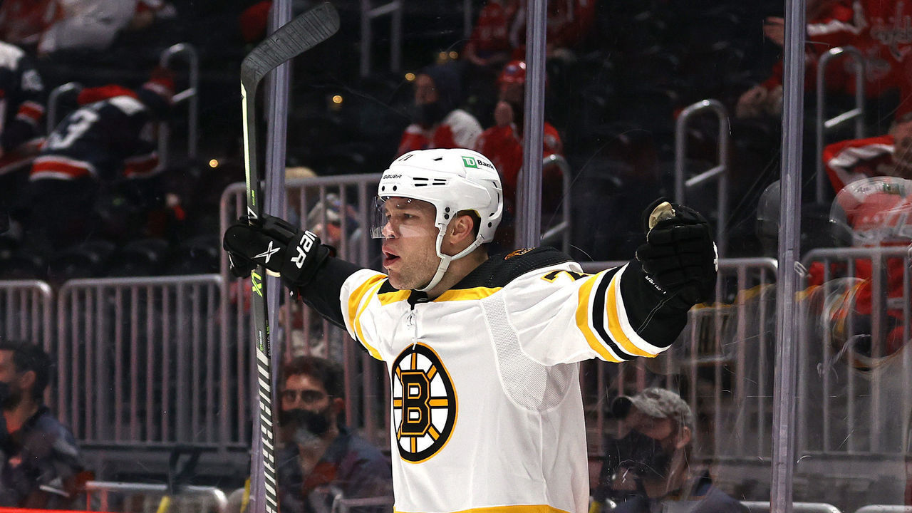 WASHINGTON, DC - MAY 17: Taylor Hall #71 of the Boston Bruins celebrates his goal to tie the game in the third period against the Washington Capitals in Game Two of the First Round of the 2021 Stanley Cup Playoffs at Capital One Arena on May 17, 2021 in Washington, DC.