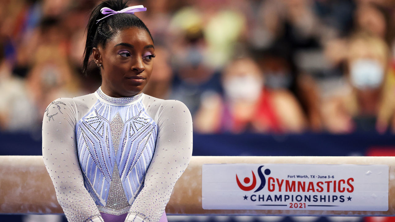 FORT WORTH, TEXAS - JUNE 04: Simone Biles prepares to compete on the beam prior to the Senior Women's competition of the 2021 U.S. Gymnastics Championships at Dickies Arena on June 04, 2021 in Fort Worth, Texas.