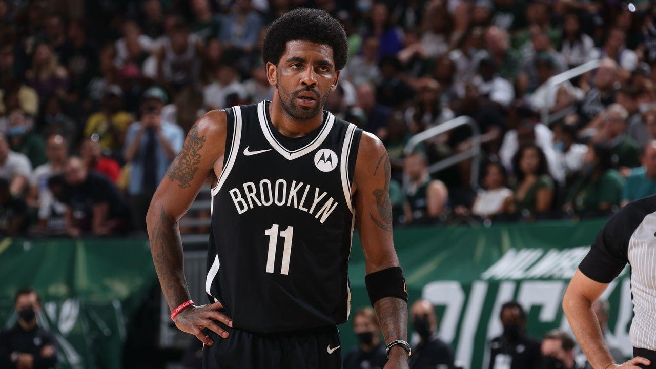 MILWAUKEE, WI - JUNE 13: Kyrie Irving #11 of the Brooklyn Nets looks on during Round 2, Game 4 of the 2021 NBA Playoffs on June 13 2021 at the Fiserv Forum Center in Milwaukee, Wisconsin. Mandatory Copyright Notice: Copyright 2021 NBAE .