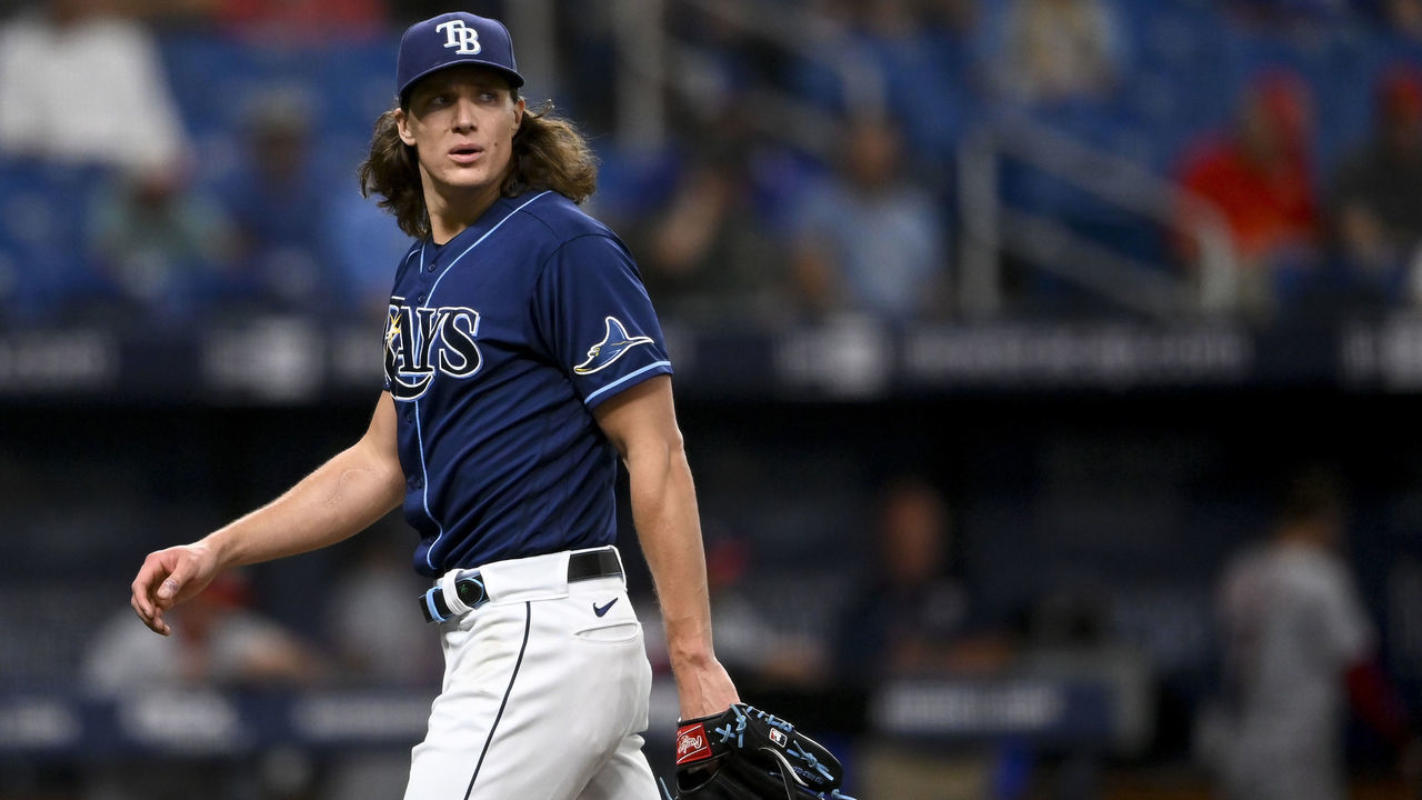 ST PETERSBURG, FLORIDA - JUNE 08: Tyler Glasnow #20 of the Tampa Bay Rays looks on during the first inning against the Washington Nationals at Tropicana Field on June 08, 2021 in St Petersburg, Florida.