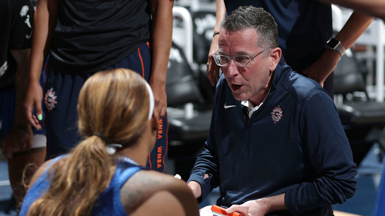 UNCASVILLE, CT - JUNE 13: Head Coach Curt Miller coaches the Connecticut Sun against the Seattle Storm before the game on June 13, 2021 at Mohegan Sun Arena in Uncasville, Connecticut. Mandatory Copyright Notice: Copyright 2021 NBAE