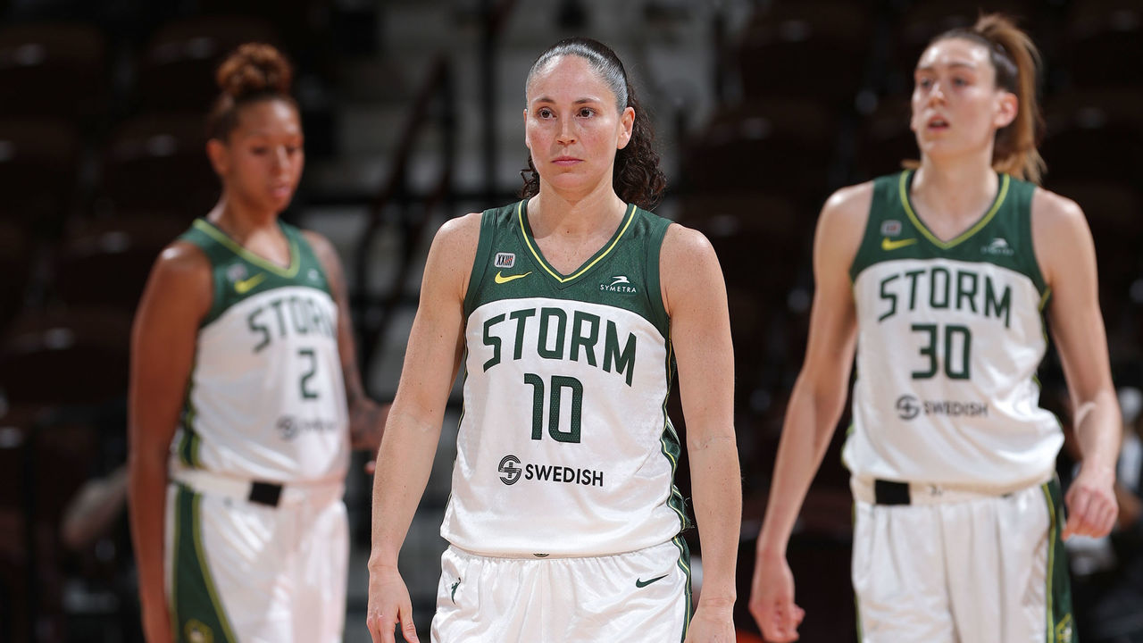 UNCASVILLE, CT - JUNE 13: Sue Bird #10 of the Seattle Storm looks on during the game against the Connecticut Sun on June 13, 2021 at Mohegan Sun Arena in Uncasville, Connecticut. Mandatory Copyright Notice: Copyright 2021 NBAE