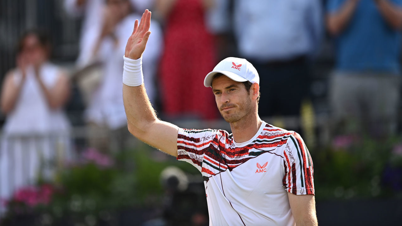 LONDON, ENGLAND - JUNE 15: Andy Murray of Great Britain celebrates winning his First Round match against Benoît Paire of France during Day 2 of the cinch Championships at The Queen's Club on June 15, 2021 in London, England.