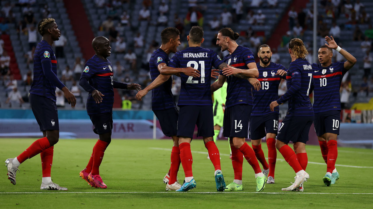 MUNICH, GERMANY - JUNE 15: Players of France celebrate their side's first goal, an own goal by Mats Hummels of Germany (not pictured) during the UEFA Euro 2020 Championship Group F match between France and Germany at Football Arena Munich on June 15, 2021 in Munich, Germany.