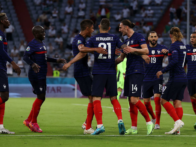MUNICH, GERMANY - JUNE 15: Players of France celebrate their side's first goal, an own goal by Mats Hummels of Germany (not pictured) during the UEFA Euro 2020 Championship Group F match between France and Germany at Football Arena Munich on June 15, 2021 in Munich, Germany.