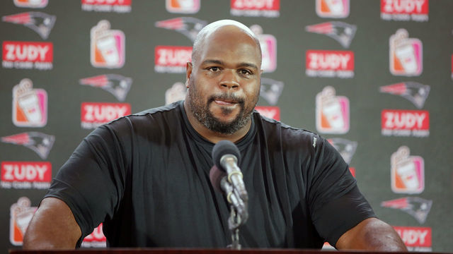 FOXBOROUGH, MA - AUGUST 09: Vince Wilfork pauses during his retirement speech during a joint New England Patriots and Jacksonville Jaguars training camp on August 9, 2017, at Gillette Stadium in Foxborough, Massachusetts.