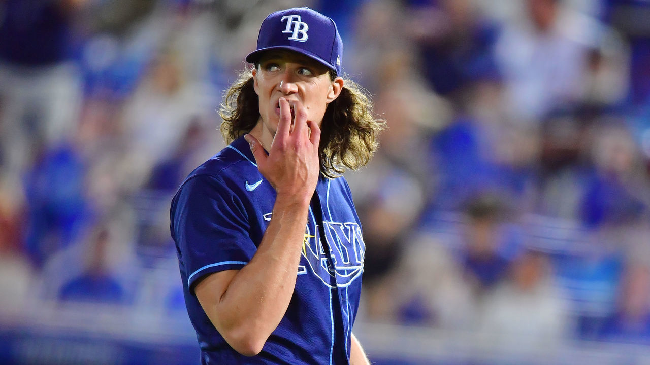 DUNEDIN, FLORIDA - MAY 21: Tyler Glasnow #20 of the Tampa Bay Rays looks on during a game against the Toronto Blue Jays at TD Ballpark on May 21, 2021 in Dunedin, Florida.