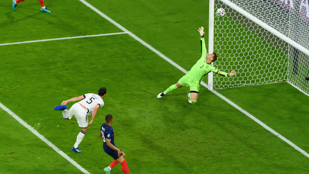 MUNICH, GERMANY - JUNE 15: (BILD ZEITUNG OUT) Mats Hummels of Germany doing the Own goal during the UEFA Euro 2020 Championship Group F match between France and Germany on June 15, 2021 in Munich, Germany.