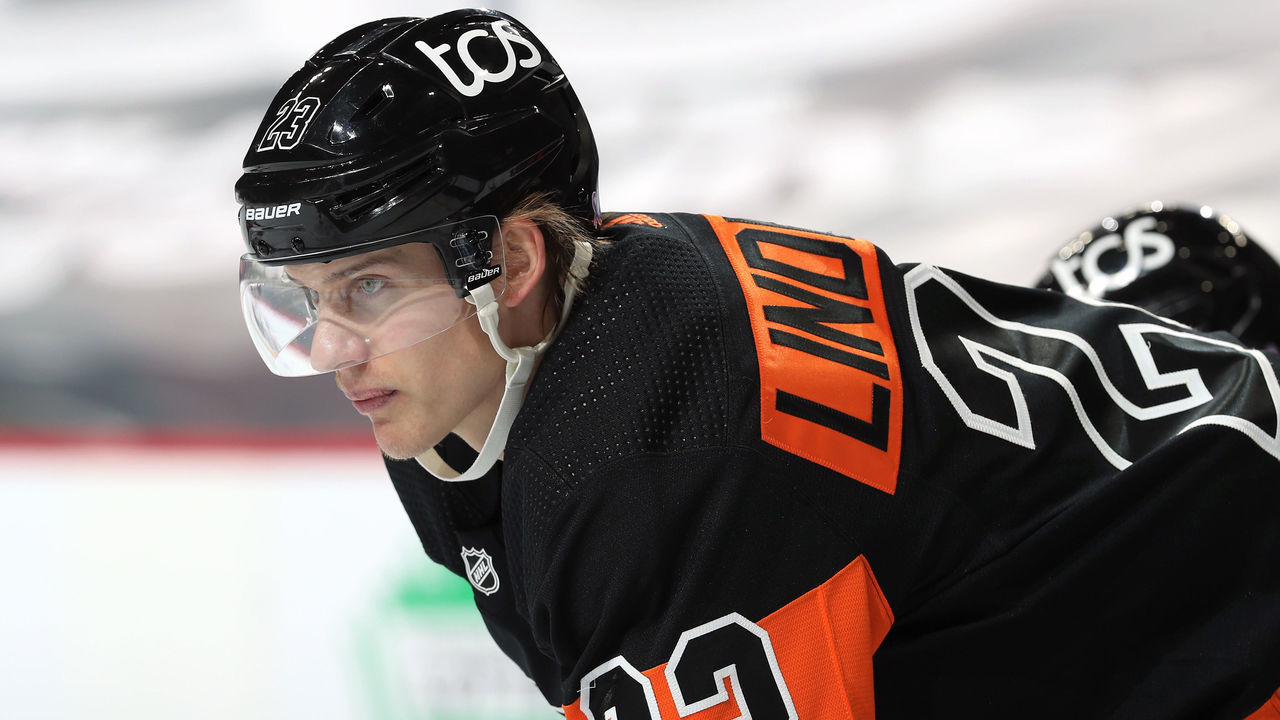 PHILADELPHIA, PA - APRIL 18: Oskar Lindblom #23 of the Philadelphia Flyers looks on against the New York Islanders at the Wells Fargo Center on April 18, 2021 in Philadelphia, Pennsylvania.