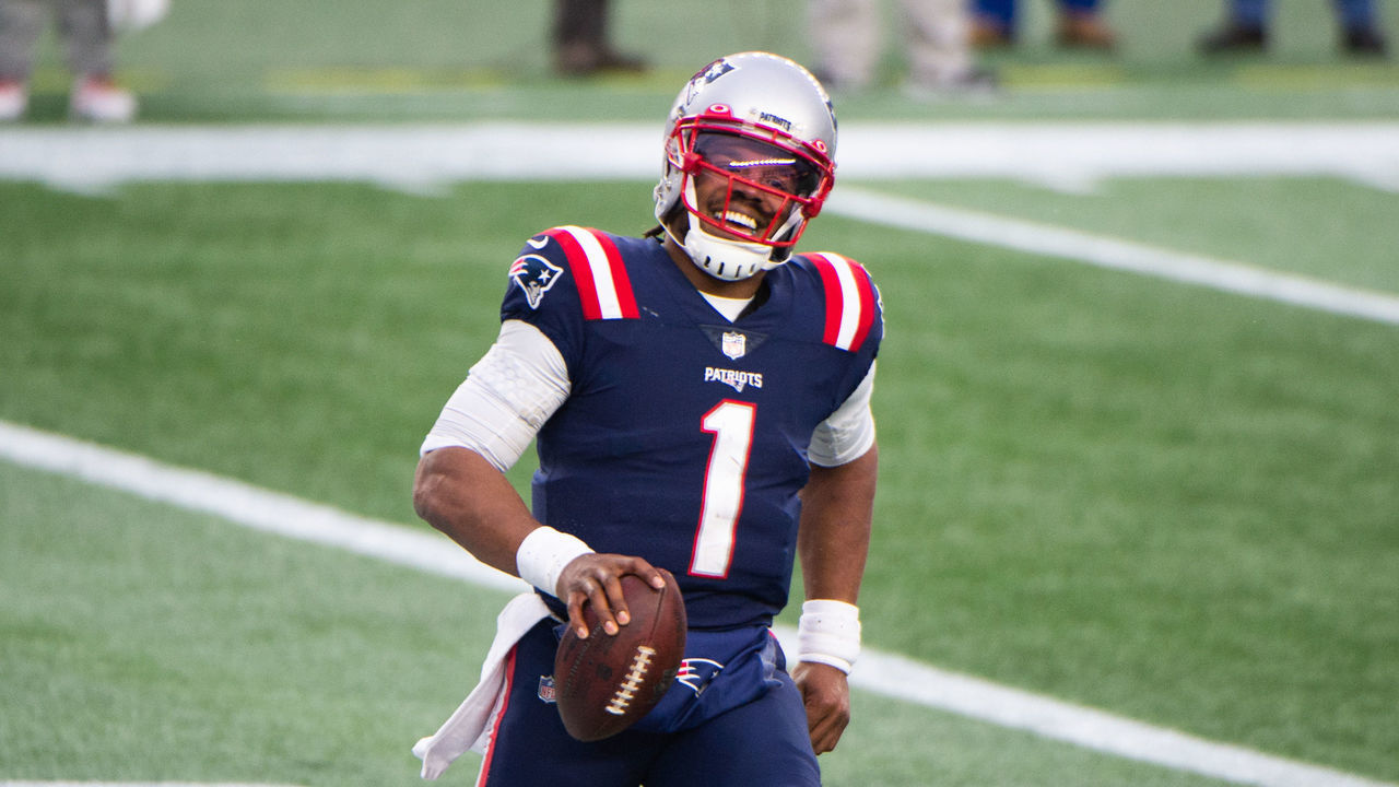 FOXBOROUGH, MA - JANUARY 3, 2021: Cam Newton #1 of the New England Patriots celebrates after scoring a touchdown in the second half against the New York Jets at Gillette Stadium on January 3, 2021 in Foxborough, Massachusetts.