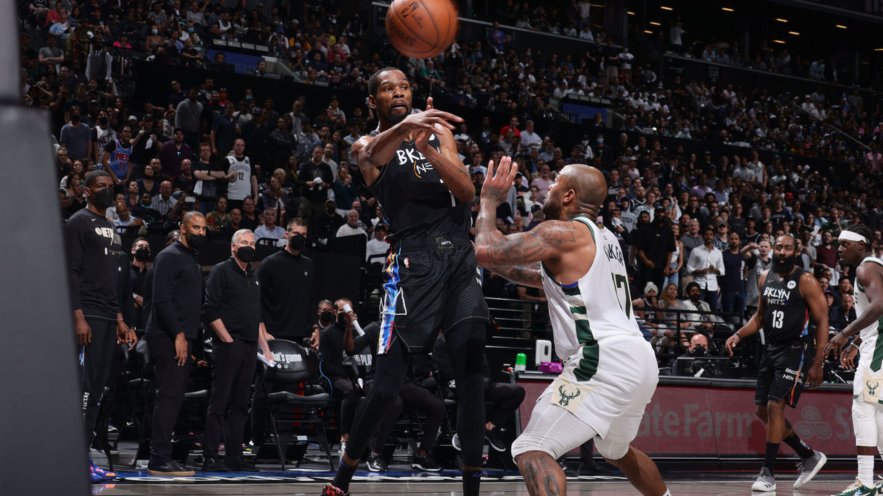 BROOKLYN, NY - JUNE 15: Kevin Durant #7 of the Brooklyn Nets passes the ball against the Milwaukee Bucks during Round 2, Game 5 of the 2021 NBA Playoffs on June 15, 2021 at Barclays Center in Brooklyn, New York. Mandatory Copyright Notice: Copyright 2021 NBAE