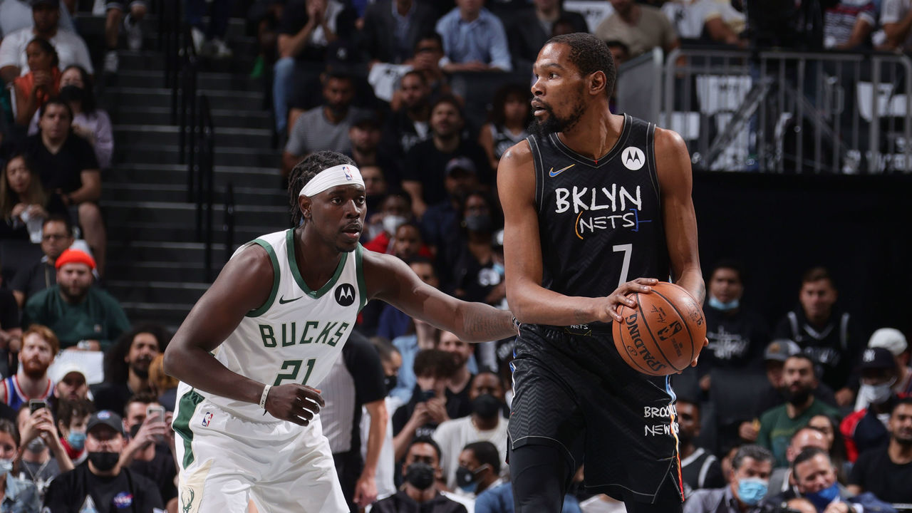 BROOKLYN, NY - JUNE 15: Jrue Holiday #21 of the Milwaukee Bucks plays defense on Kevin Durant #7 of the Brooklyn Nets during Round 2, Game 5 of the 2021 NBA Playoffs on June 15, 2021 at Barclays Center in Brooklyn, New York. Mandatory Copyright Notice: Copyright 2021 NBAE