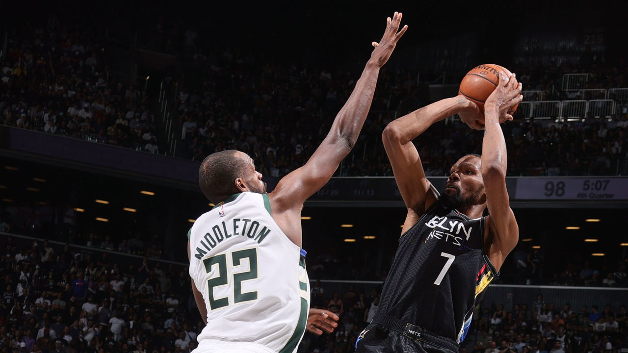 BROOKLYN, NY - JUNE 15: Kevin Durant #7 of the Brooklyn Nets shoots the ball against the Milwaukee Bucks during Round 2, Game 5 of the 2021 NBA Playoffs on June 15, 2021 at Barclays Center in Brooklyn, New York. Mandatory Copyright Notice: Copyright 2021 NBAE