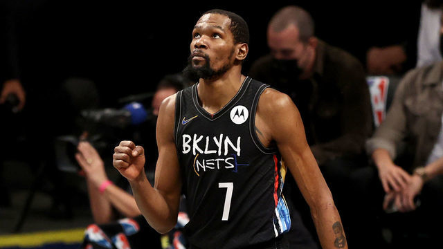 NEW YORK, NEW YORK - JUNE 15: Kevin Durant #7 of the Brooklyn Nets celebrates after the Milwaukee Bucks lose possession of the ball in the fourth quarter during game 5 of the Eastern Conference second round at Barclays Center on June 15, 2021 in the Brooklyn borough of New York City.