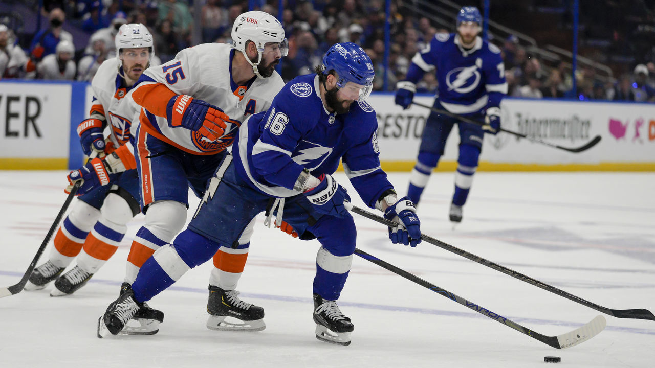TAMPA, FL - JUNE 15: Tampa Bay Lightning right wing Nikita Kucherov (86) looks to shoot the puck during game 2 of NHL Stanley Cup 3rd round Hockey match between the Tampa Bay Lightning and New York Islanders on June 15, 2021 at Amalie Arena in Tampa, FL.