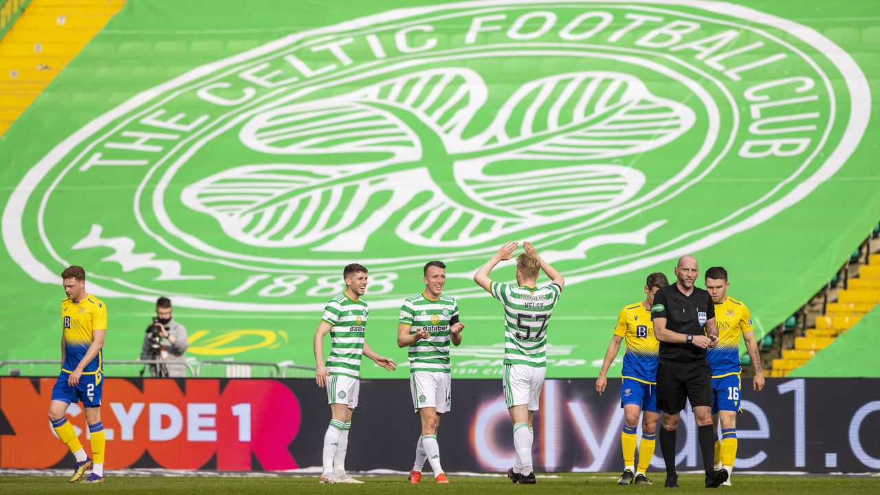 GLASGOW, SCOTLAND - MAY 12: David Turnbull celebrates making it 1-0 with Ryan Christie during the Scottish Premiership match between Celtic and St Johnstone at Celtic Park on May 12, 2021, in Glasgow, Scotland.