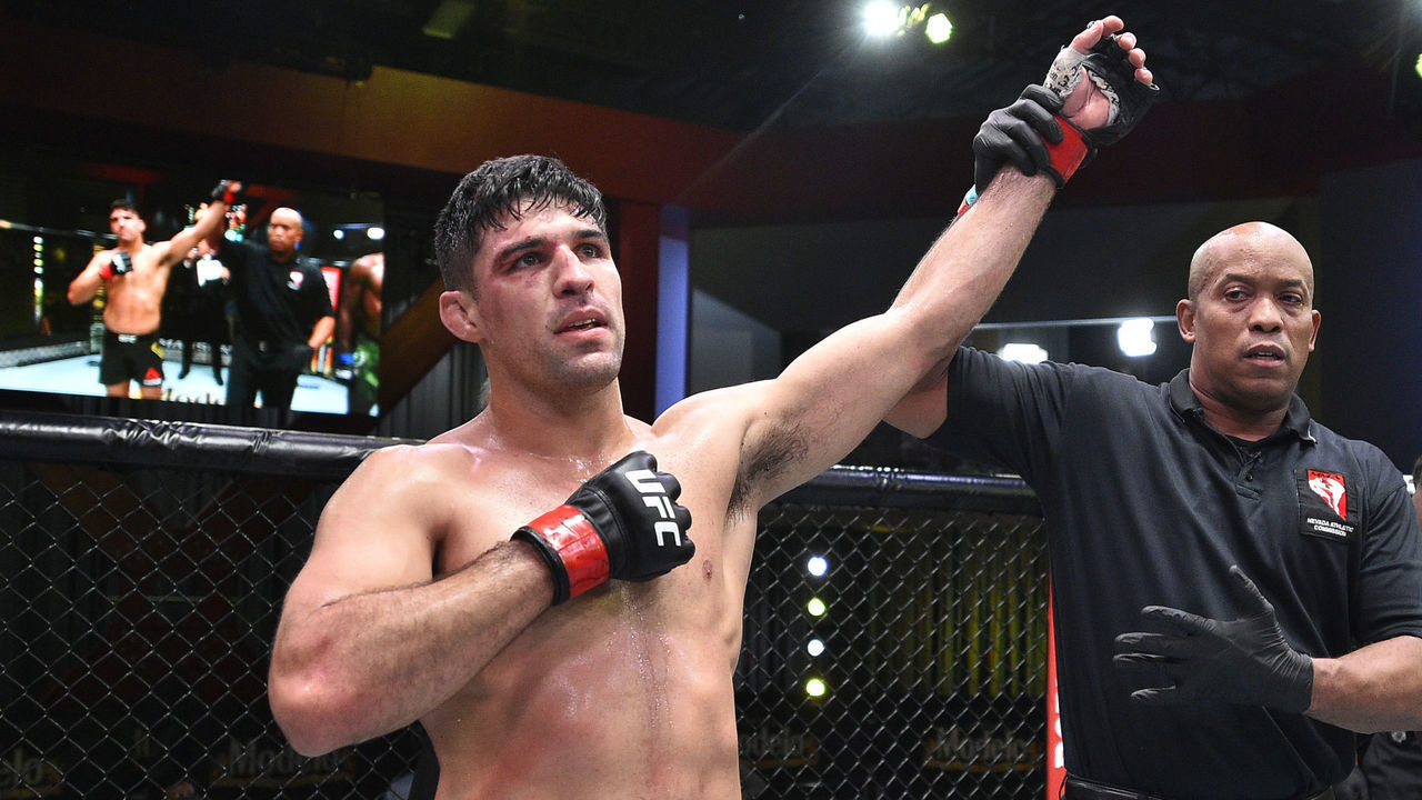LAS VEGAS, NEVADA - AUGUST 01: Vicente Luque celebrates after his TKO victory over Randy Brown in their welterweight fight during the UFC Fight Night event at UFC APEX on August 01, 2020 in Las Vegas, Nevada.