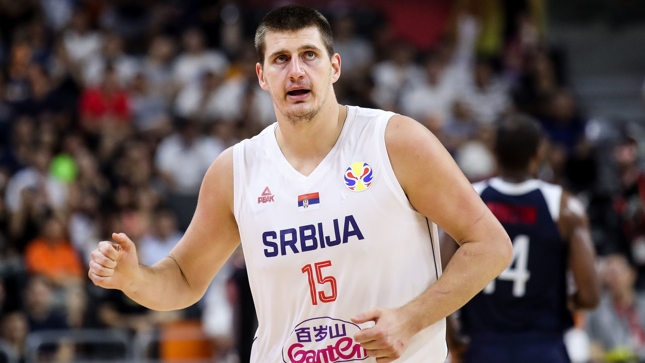 DONGGUAN, CHINA - SEPTEMBER 12: #15 Nikola Jokic of Serbia in action during the games 5-8 of 2019 FIBA World Cup between Serbia and USA at Dongguan Basketball Center on September 12, 2019 in Dongguan, China.