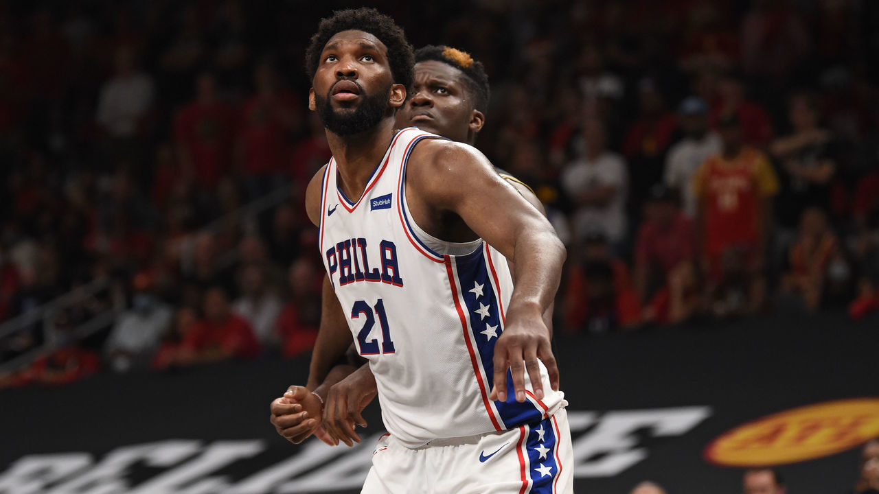 ATLANTA, GA - JUNE 14: Joel Embiid #21 of the Philadelphia 76ers looks on to rebound against the Atlanta Hawks during Round 2, Game 4 of the Eastern Conference Playoffs on June 14, 2021 at State Farm Arena in Atlanta, Georgia. NOTE TO USER: User expressly acknowledges and agrees that, by downloading and/or using this Photograph, user is consenting to the terms and conditions of the Getty Images License Agreement. Mandatory Copyright Notice: Copyright 2021 NBAE