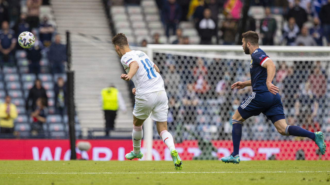 GLASGOW, SCOTLAND - JUNE 14: Czech Republic's Patrick Schick makes it 2-0 from long range during a Euro 2020 match between Scotland and Czech Republic at Hampden Park on June 14, 2021, in Glasgow, Scotland.