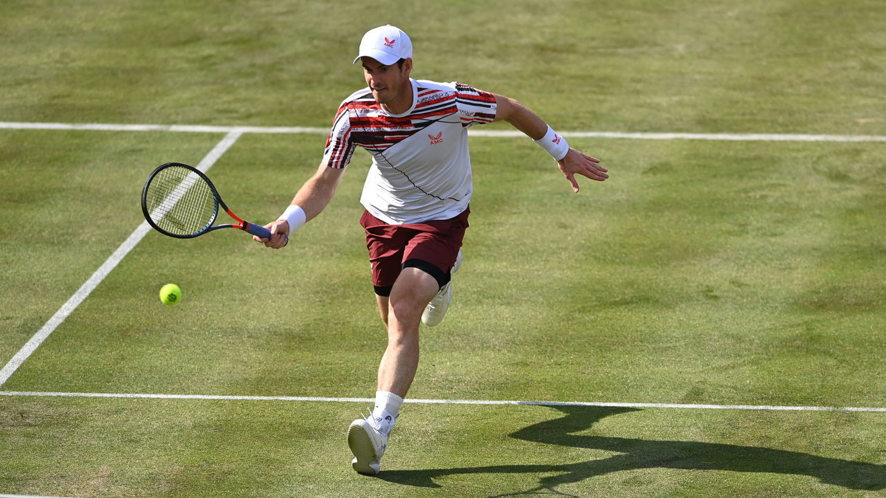 LONDON, ENGLAND - JUNE 15: Andy Murray of Great Britain plays a forehand during his First Round match against Benoît Paire of France during Day 2 of the cinch Championships at The Queen's Club on June 15, 2021 in London, England.