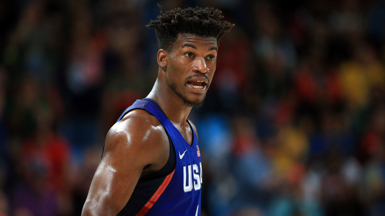 RIO DE JANEIRO, BRAZIL - AUGUST 21: Jimmy Butler #4 of the USA looks on during the Men's Gold medal game between Serbia and the USA on Day 16 of the Rio 2016 Olympic Games at Carioca Arena 1 on August 21, 2016 in Rio de Janerio, Brazil.