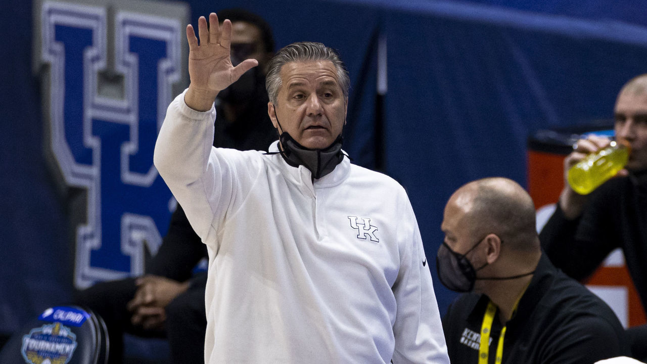 NASHVILLE, TN - MARCH 11: Head coach John Calipari of the Kentucky Wildcats gestures against the Mississippi State Bulldogs during the first half of their second round game in the SEC Men's Basketball Tournament at Bridgestone Arena on March 11, 2021 in Nashville, Tennessee.
